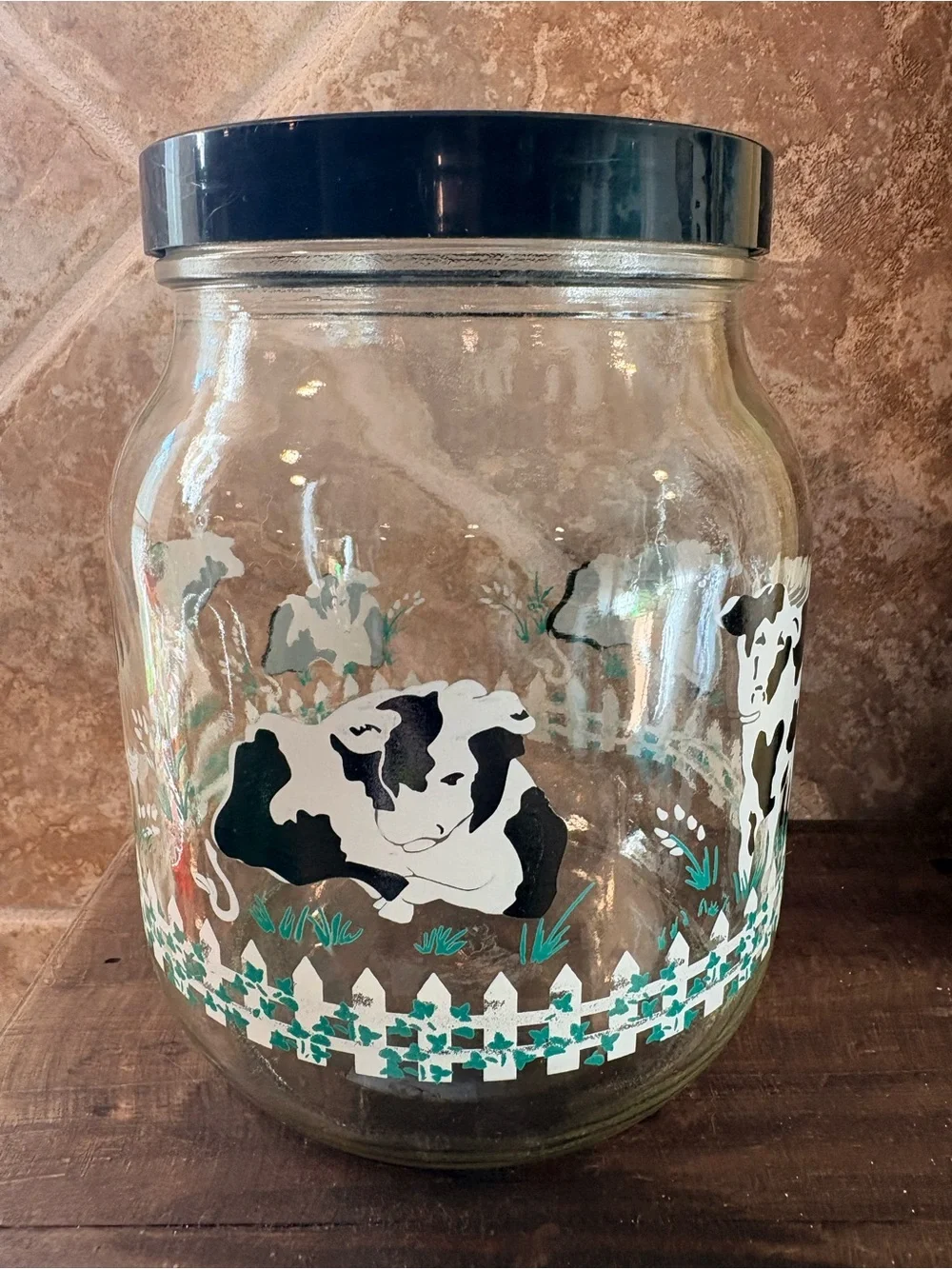 Glass Cookie Jar with Cow Motif and Black Lid Vintage Country Cottagecore